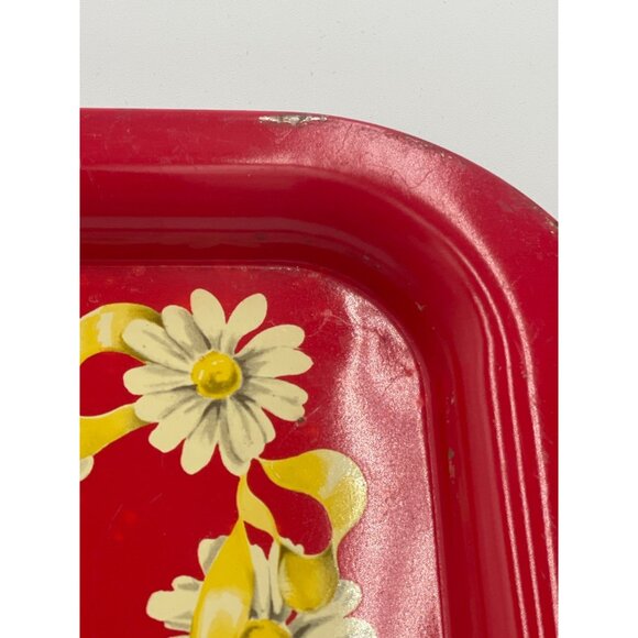 Vintage Red Metal Daisy Floral Serving Tray1950’s Mid-Century  Daisy Border - Picture 2 of 8